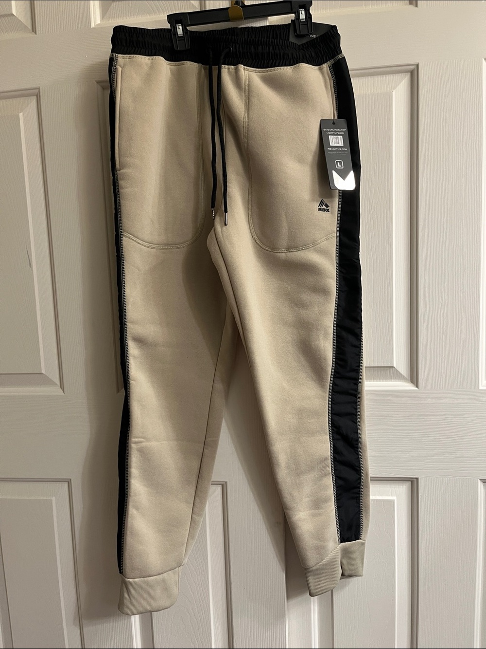 RBX Active Men's Beige Fleece Jogger Pants with Black Side Panels Comfort Fit